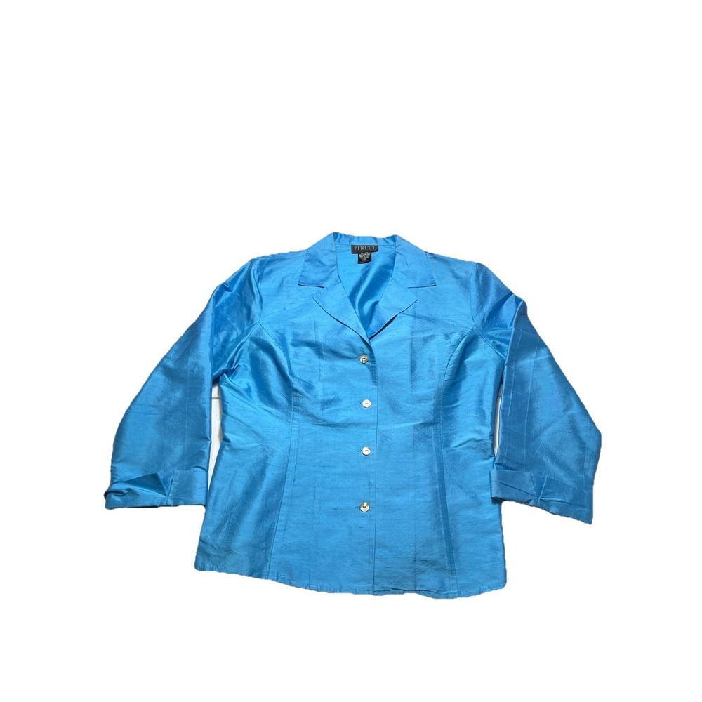 Vintage Duponi Silk Blouse‎ Womens 10 Turquoise Blue Shantung Button Front Top